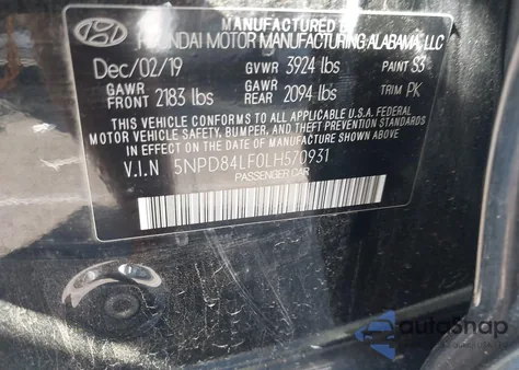 2020 Hyundai Elantra Sel z USA, uszkodzony, nr VIN 5NPD84LF0LH570931